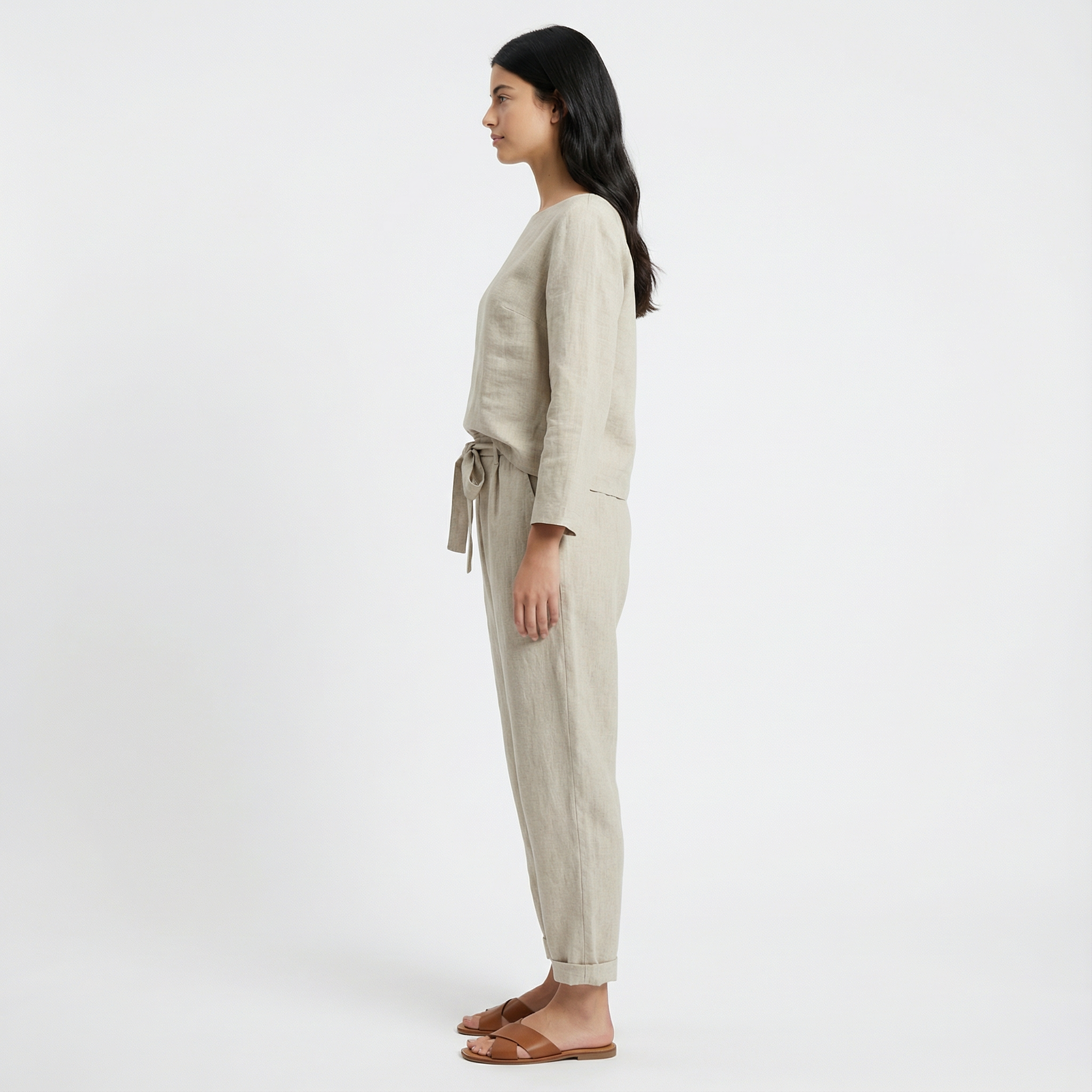 Komplet Lniany Dwuczęściowy Damski Luźny Wysoki Stan Wakacyjny Casual