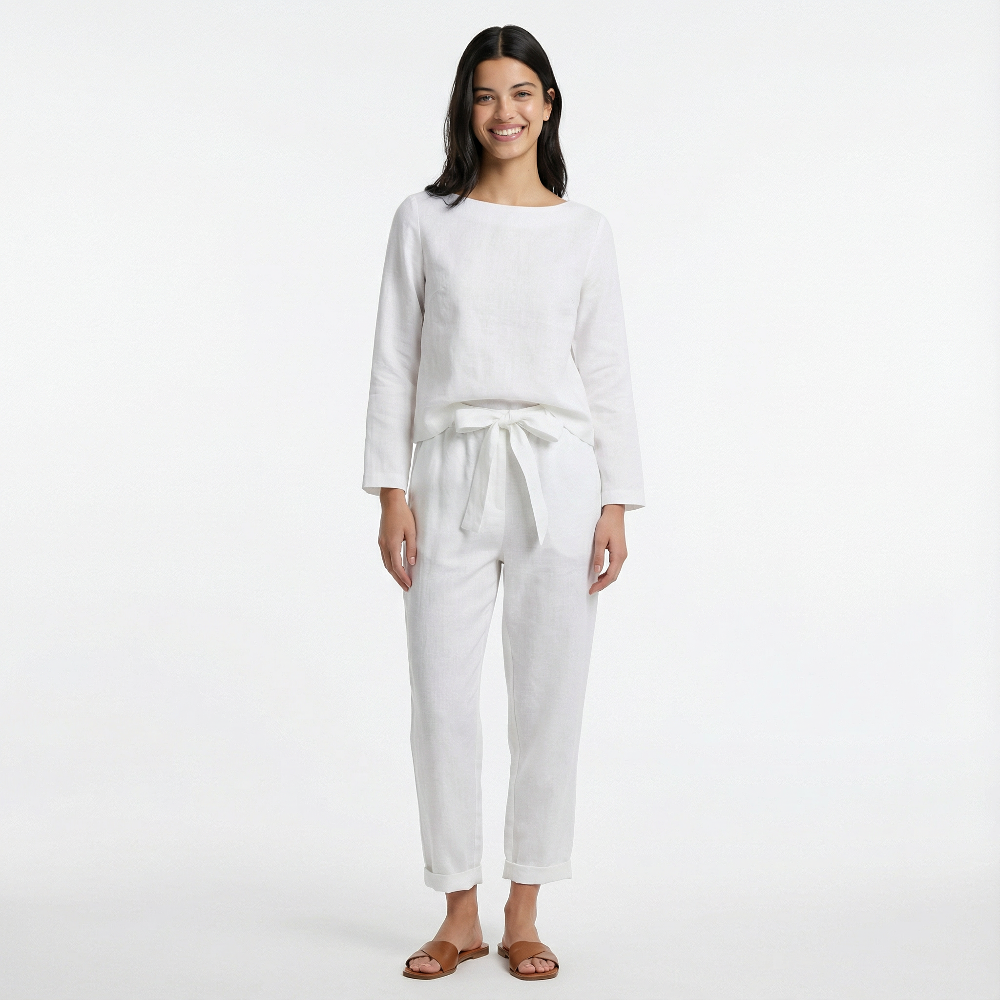 Komplet Lniany Dwuczęściowy Damski Luźny Wysoki Stan Wakacyjny Casual