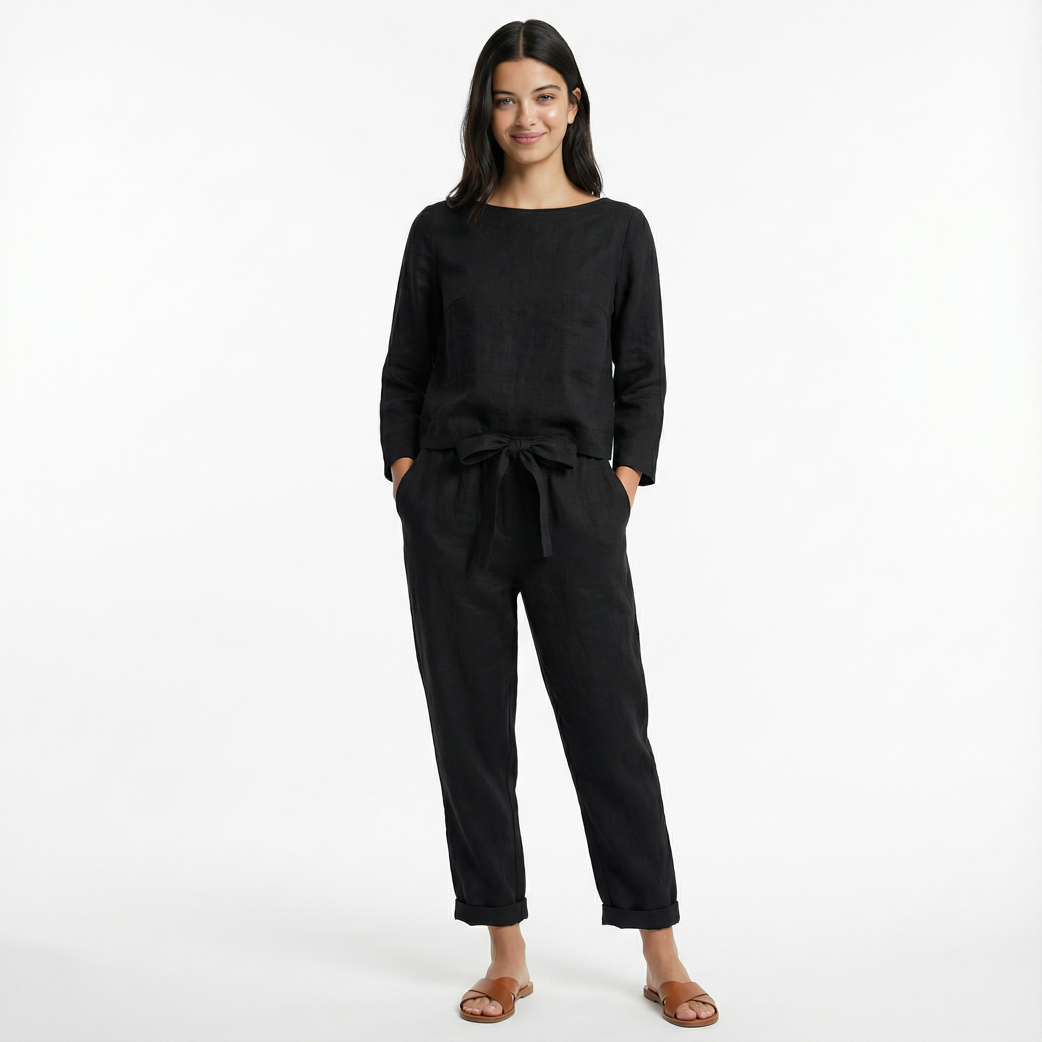 Komplet Lniany Dwuczęściowy Damski Luźny Wysoki Stan Wakacyjny Casual