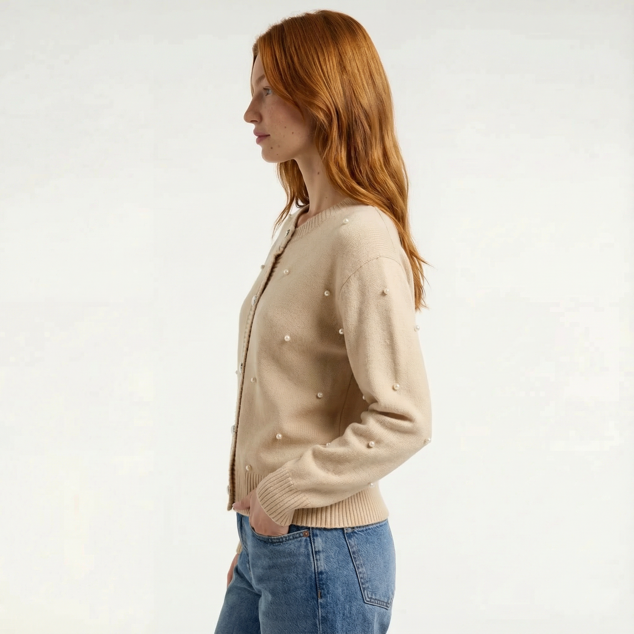 Kardigan Dzianinowy Damski Z Perłami Elegancki Sweter Rozpinany