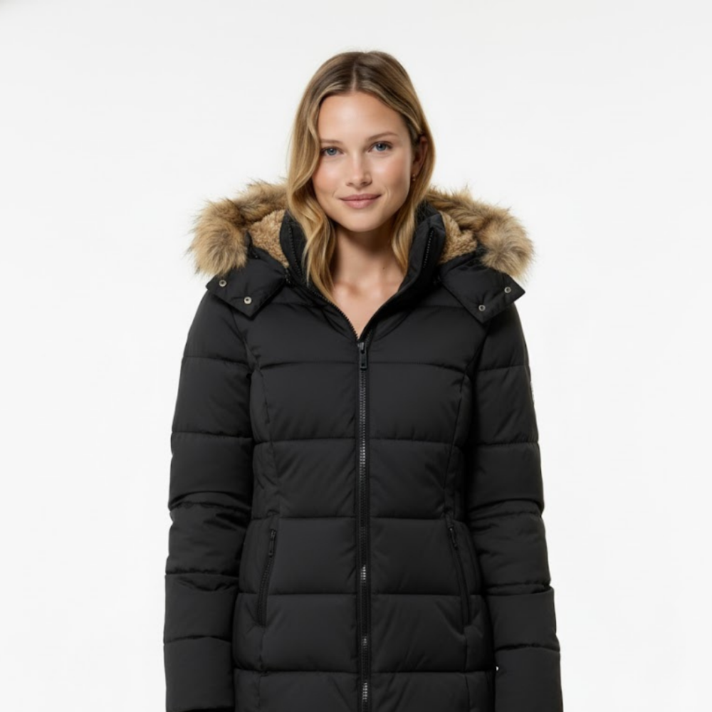 Kurtka damska z kapturem puchowym i futrem