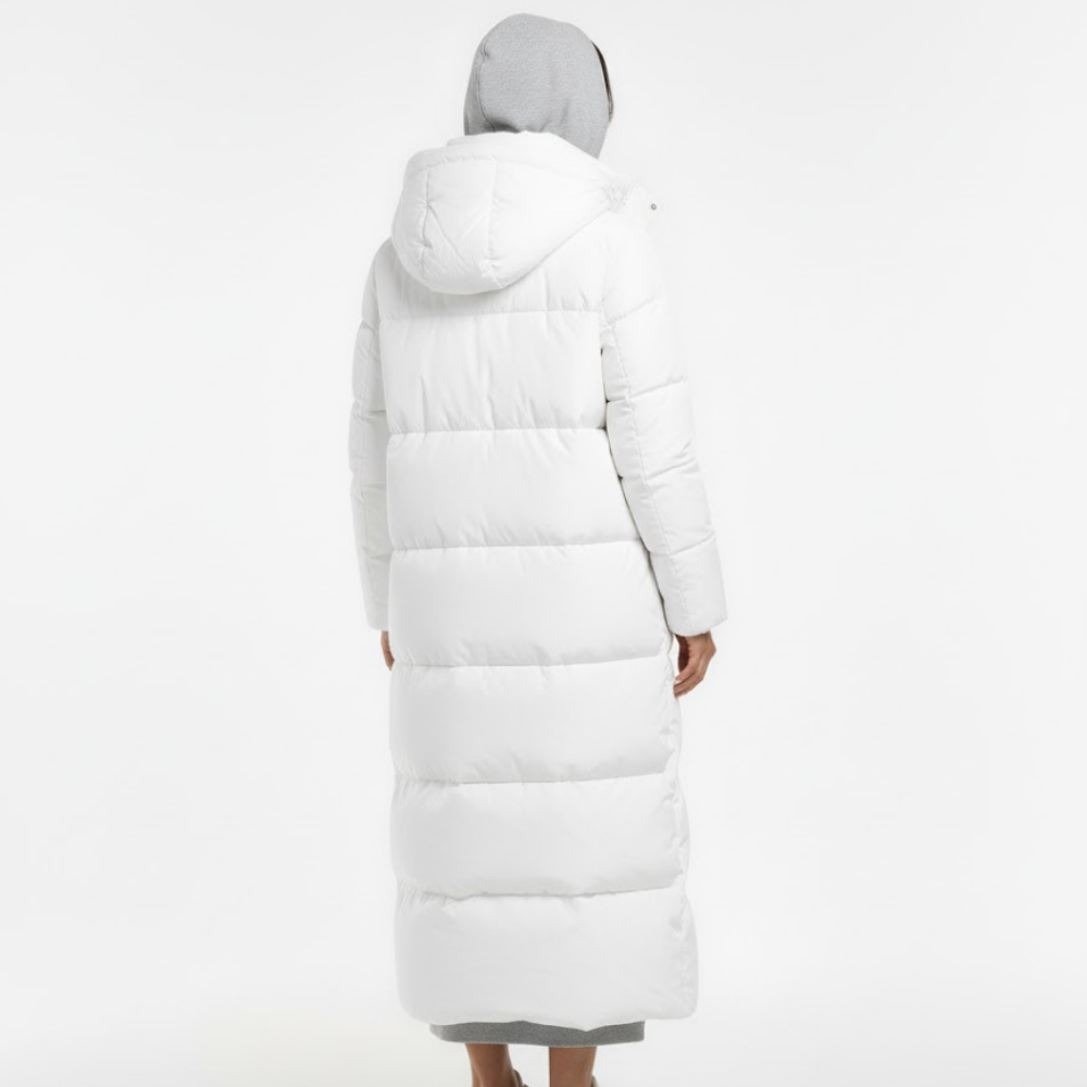 Długa pikowana kurtka damska z kapturem