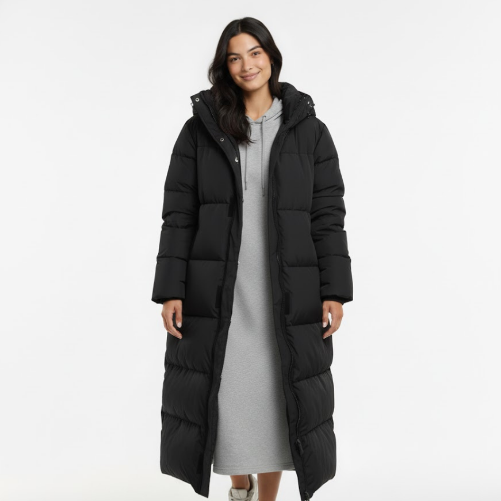 Długa pikowana kurtka damska z kapturem