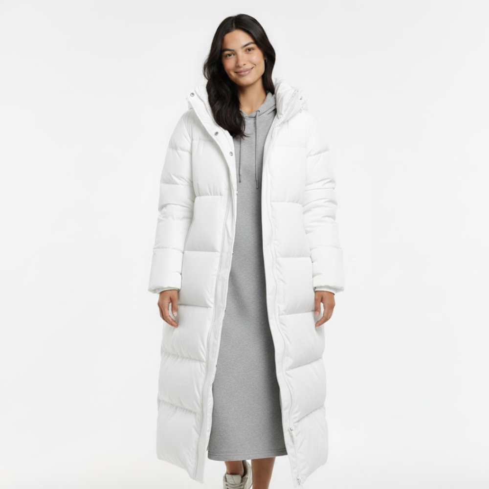 Długa pikowana kurtka damska z kapturem