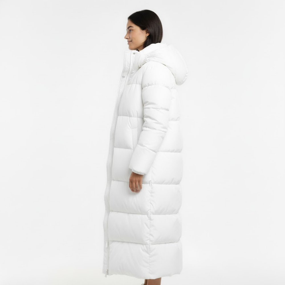 Długa pikowana kurtka damska z kapturem