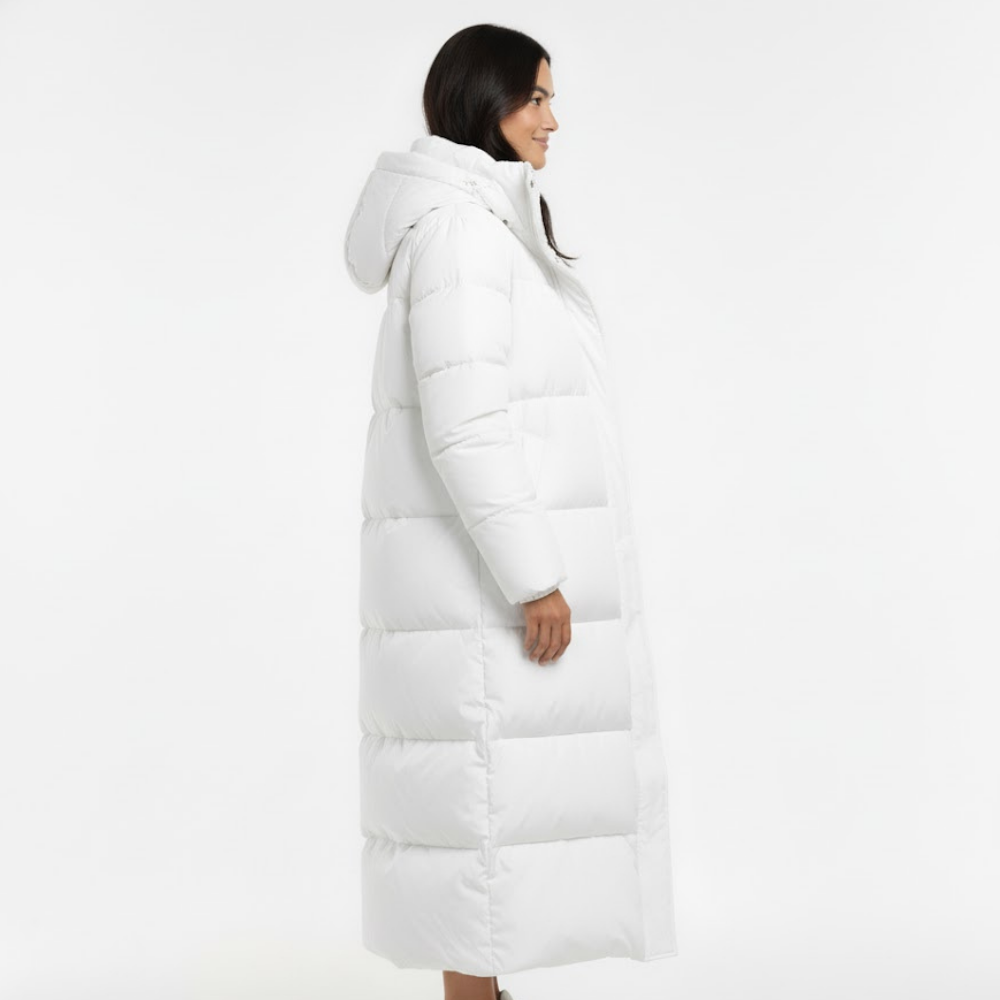 Długa pikowana kurtka damska z kapturem