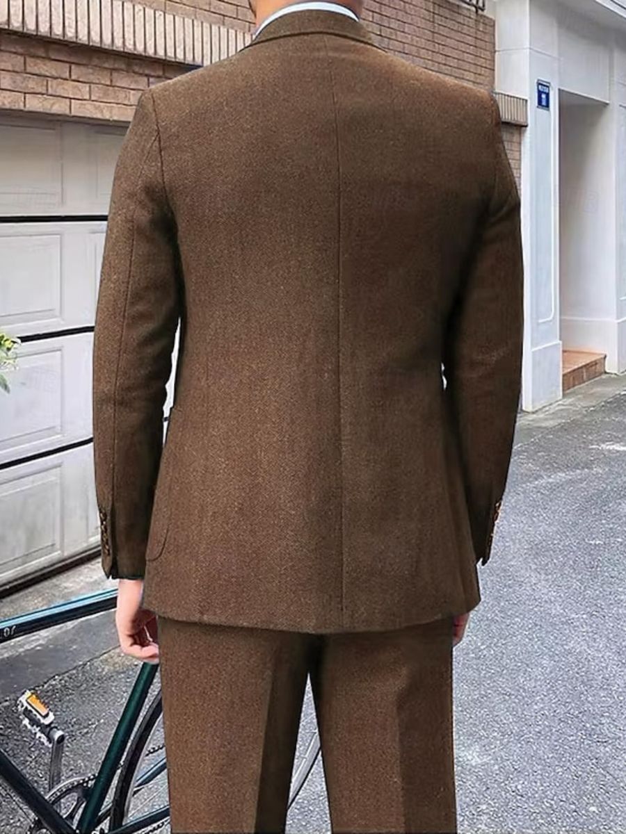 Męski Zestaw Garniturowy 3-częściowy Tweedowy Brown