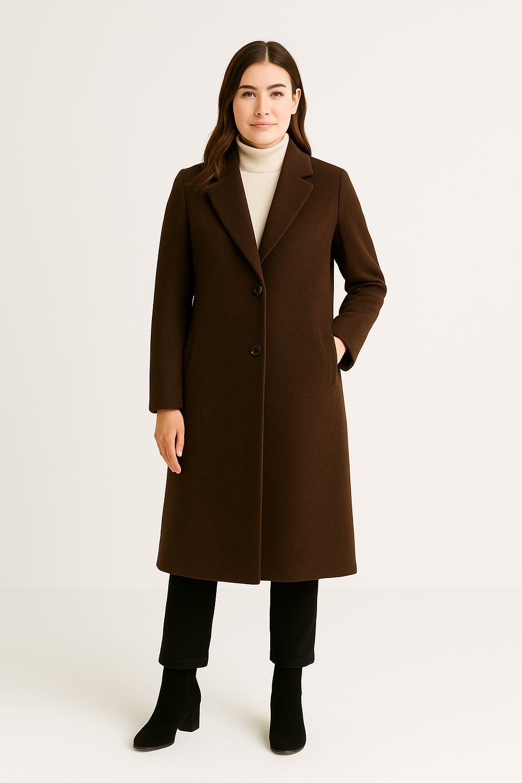 Damski Długi Płaszcz z Klasycznym Zapięciem na Guziki