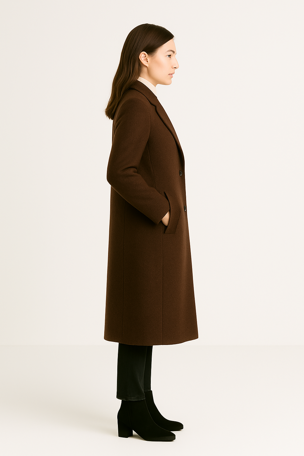 Damski Długi Płaszcz z Klasycznym Zapięciem na Guziki