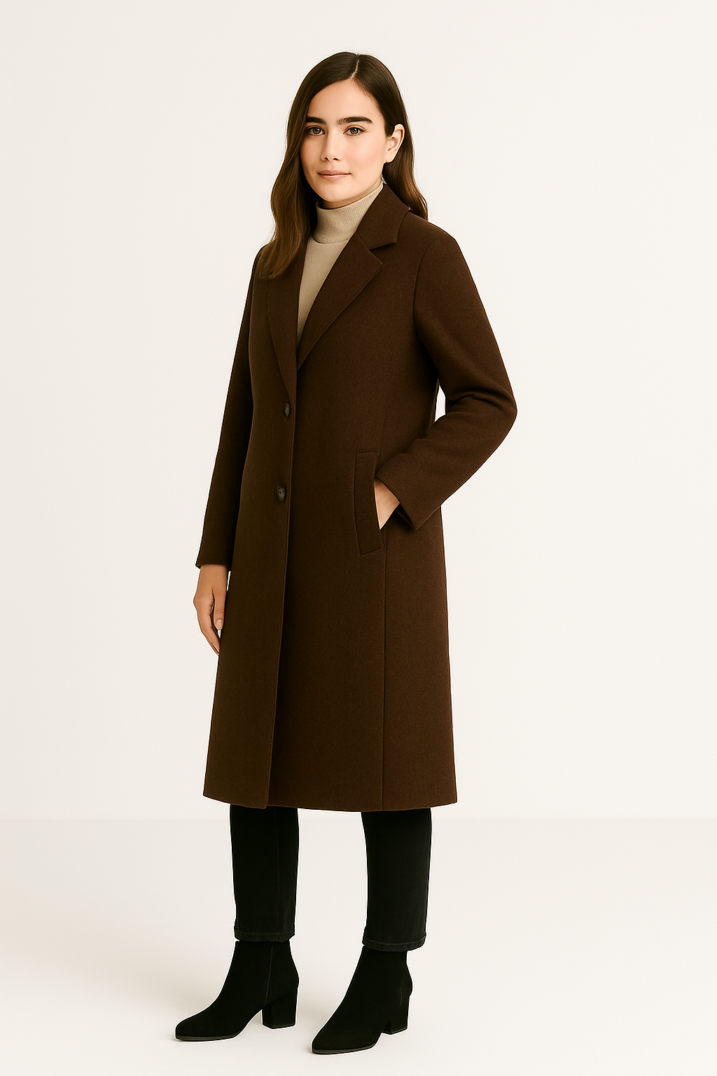 Damski Długi Płaszcz z Klasycznym Zapięciem na Guziki