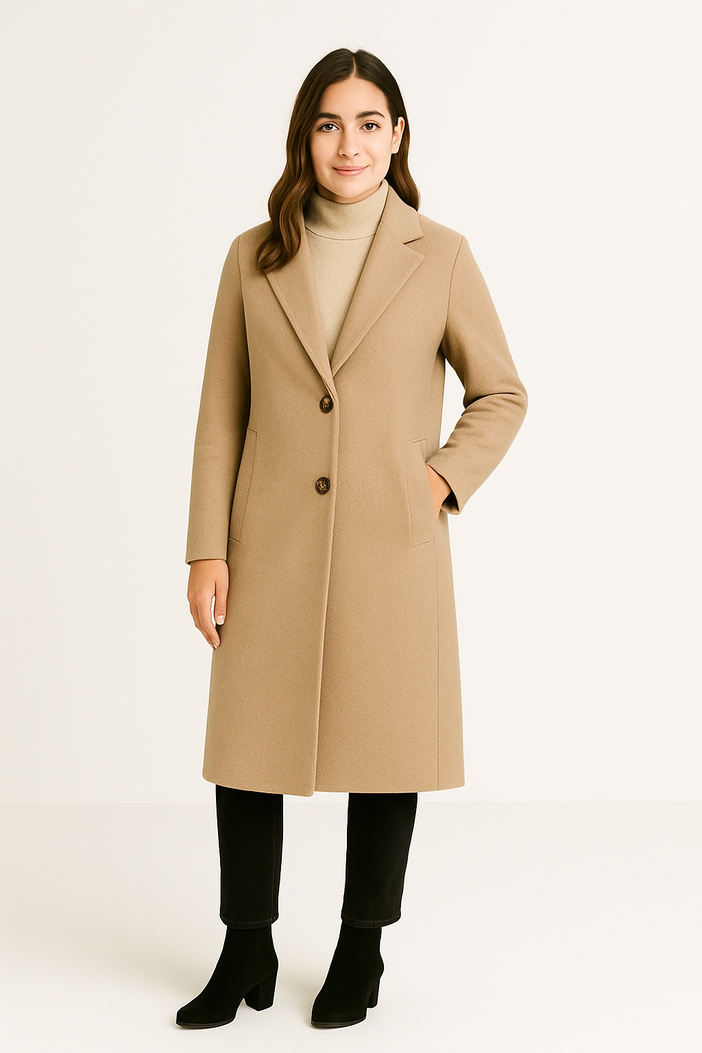 Damski Długi Płaszcz z Klasycznym Zapięciem na Guziki