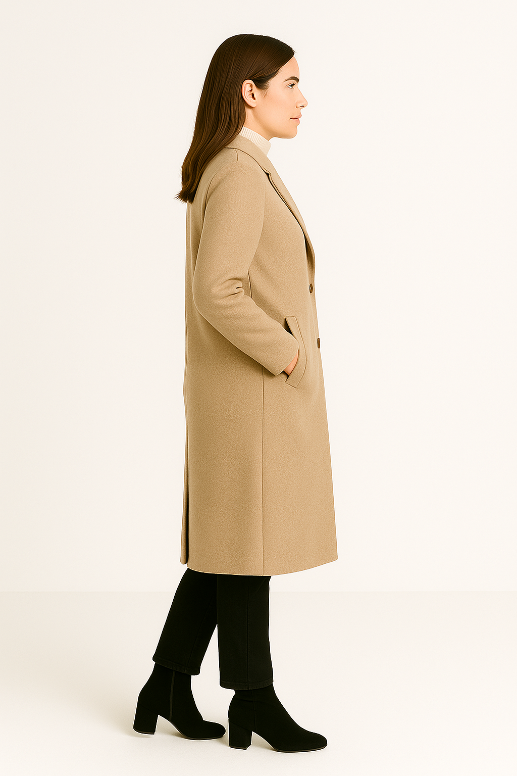 Damski Długi Płaszcz z Klasycznym Zapięciem na Guziki