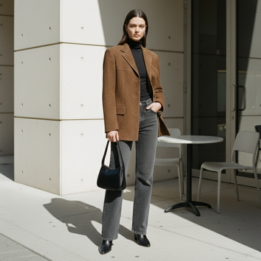 Zamszowa, dopasowana kurtka zapinana na guziki.