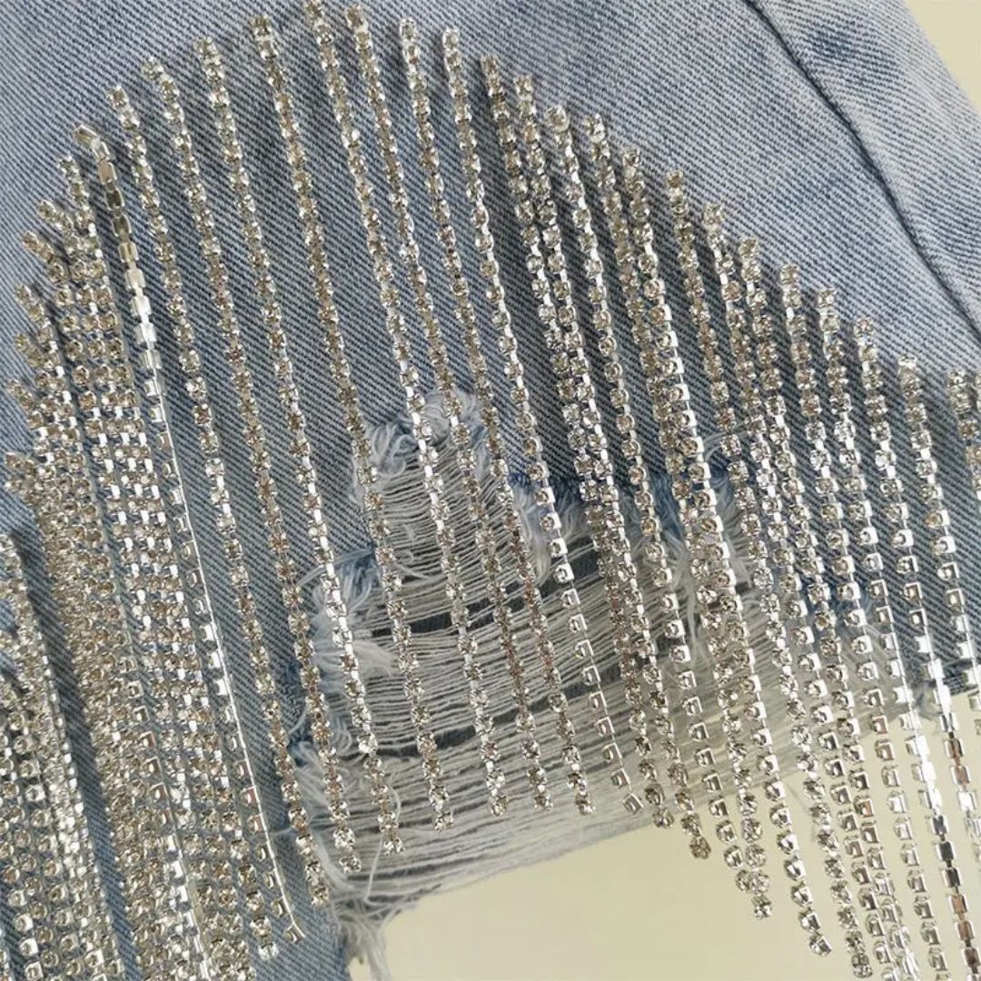 High-Waisted Denim Shorts with Rhinestones and Distressed Details Summer