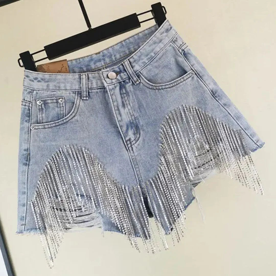 High-Waisted Denim Shorts with Rhinestones and Distressed Details Summer