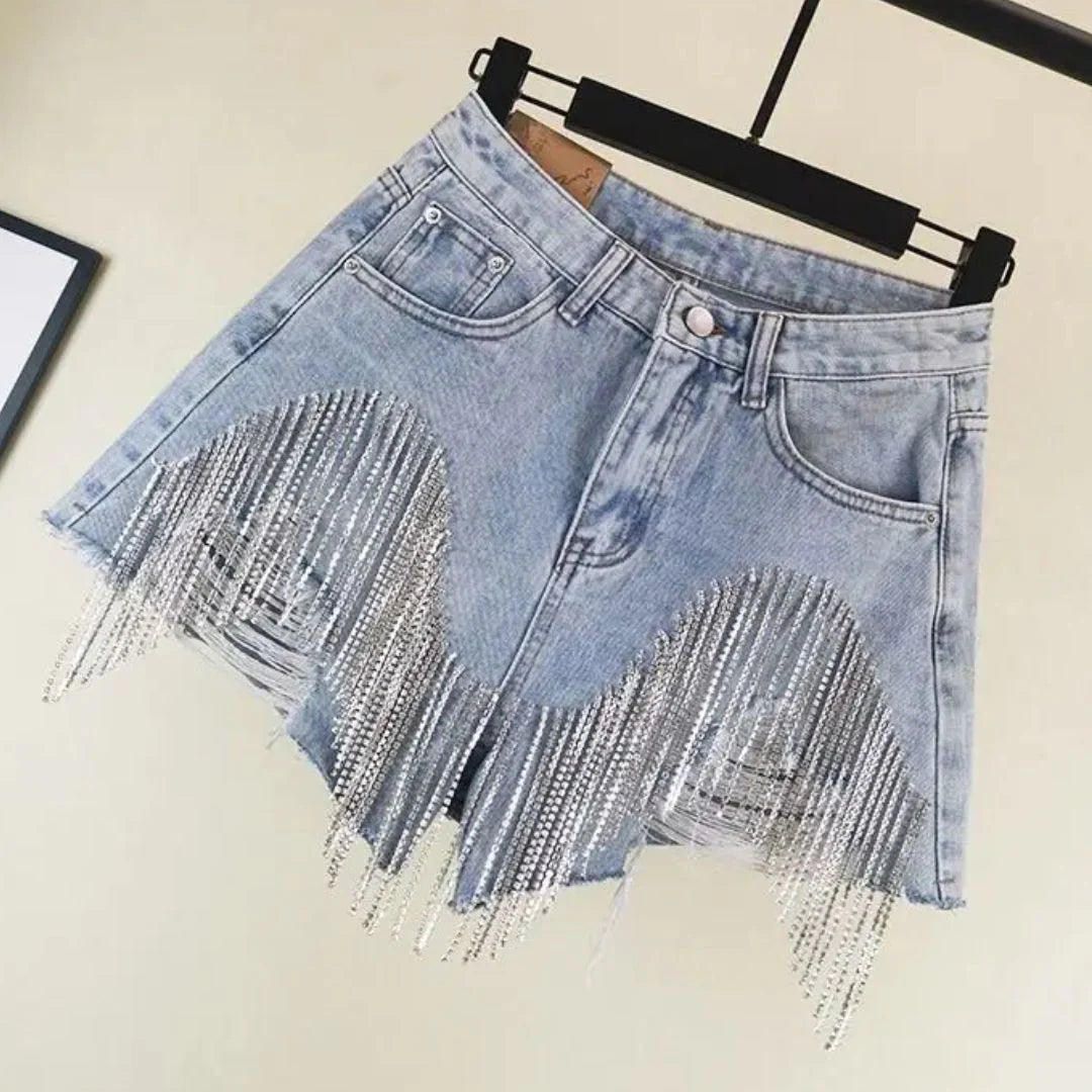 High-Waisted Denim Shorts with Rhinestones and Distressed Details Summer