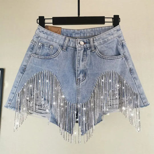 High-Waisted Denim Shorts with Rhinestones and Distressed Details Summer