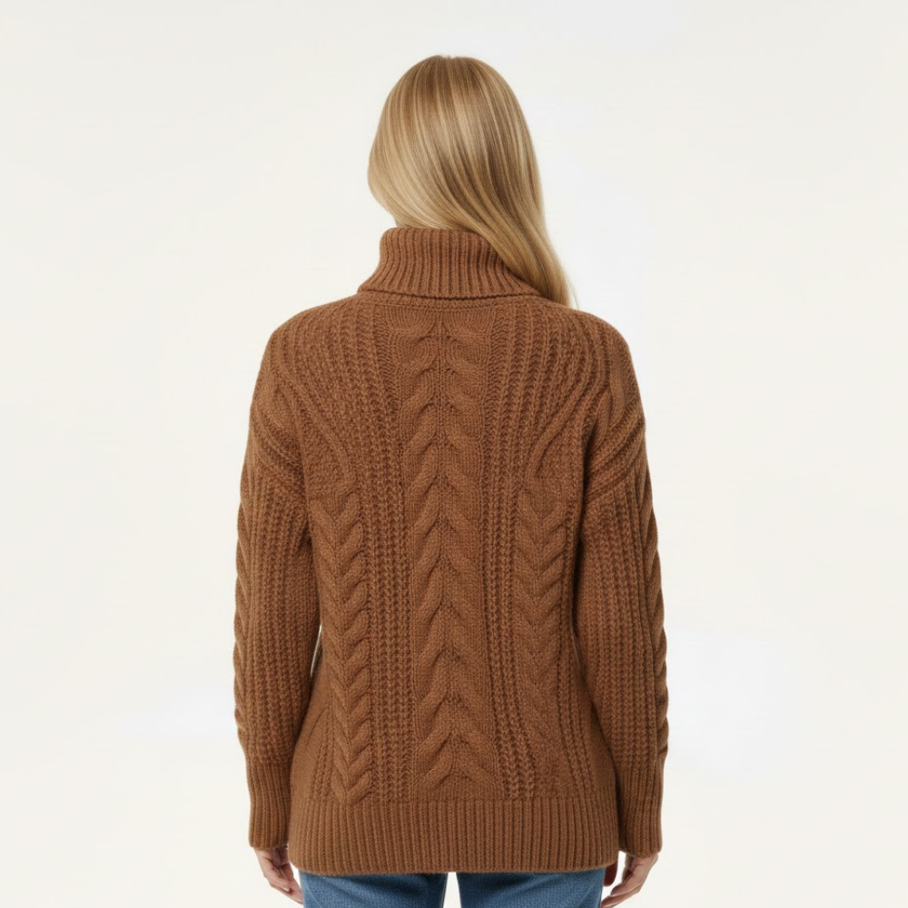 Damski sweter z golfem o splocie kablowym