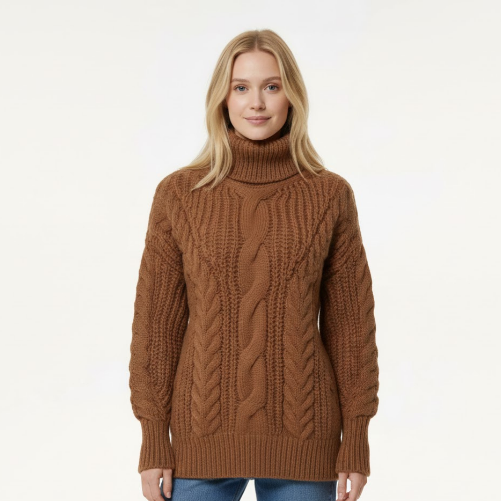 Damski sweter z golfem o splocie kablowym