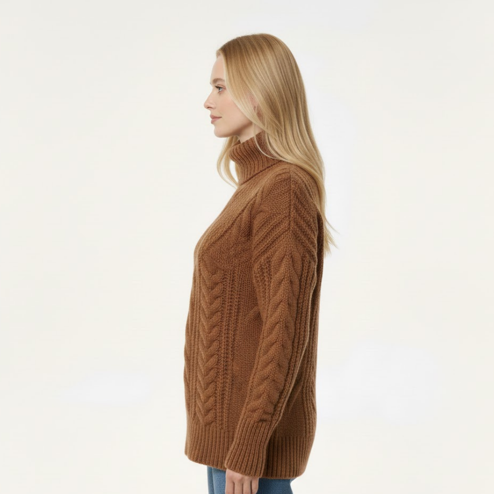 Damski sweter z golfem o splocie kablowym