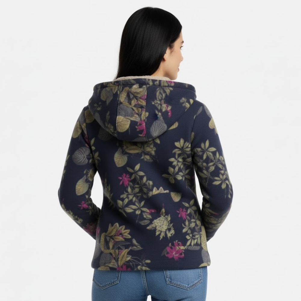 Damski płaszcz z kapturem i podszewką w kwiaty