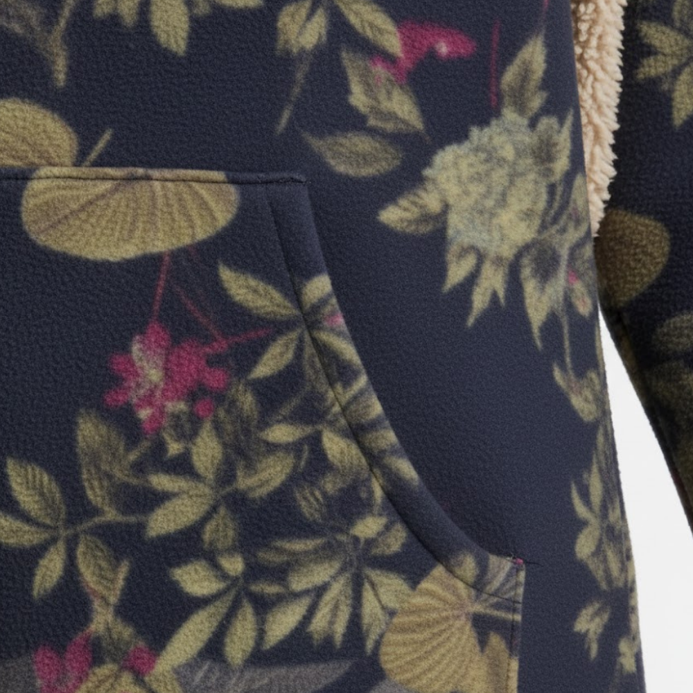 Damski płaszcz z kapturem i podszewką w kwiaty