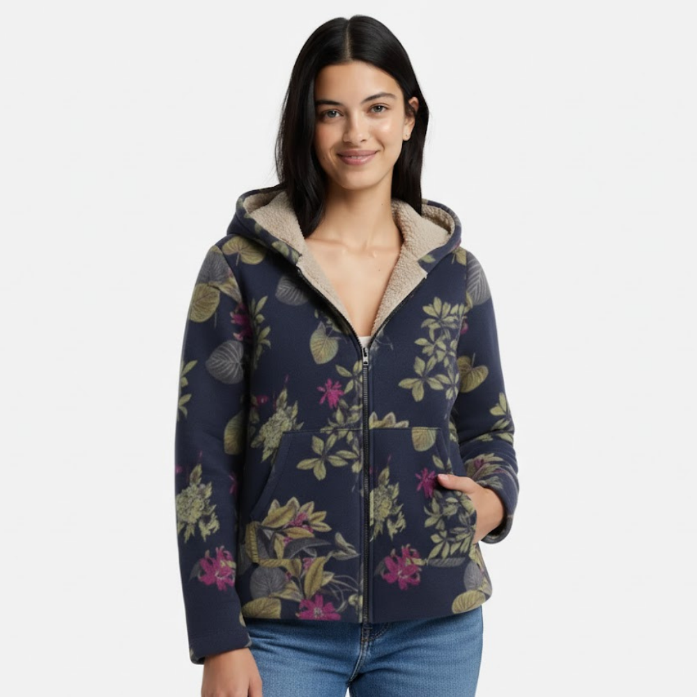 Damski płaszcz z kapturem i podszewką w kwiaty