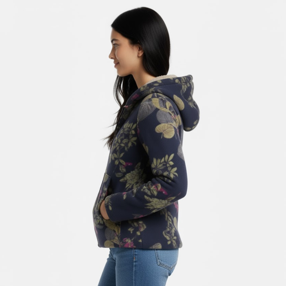 Damski płaszcz z kapturem i podszewką w kwiaty