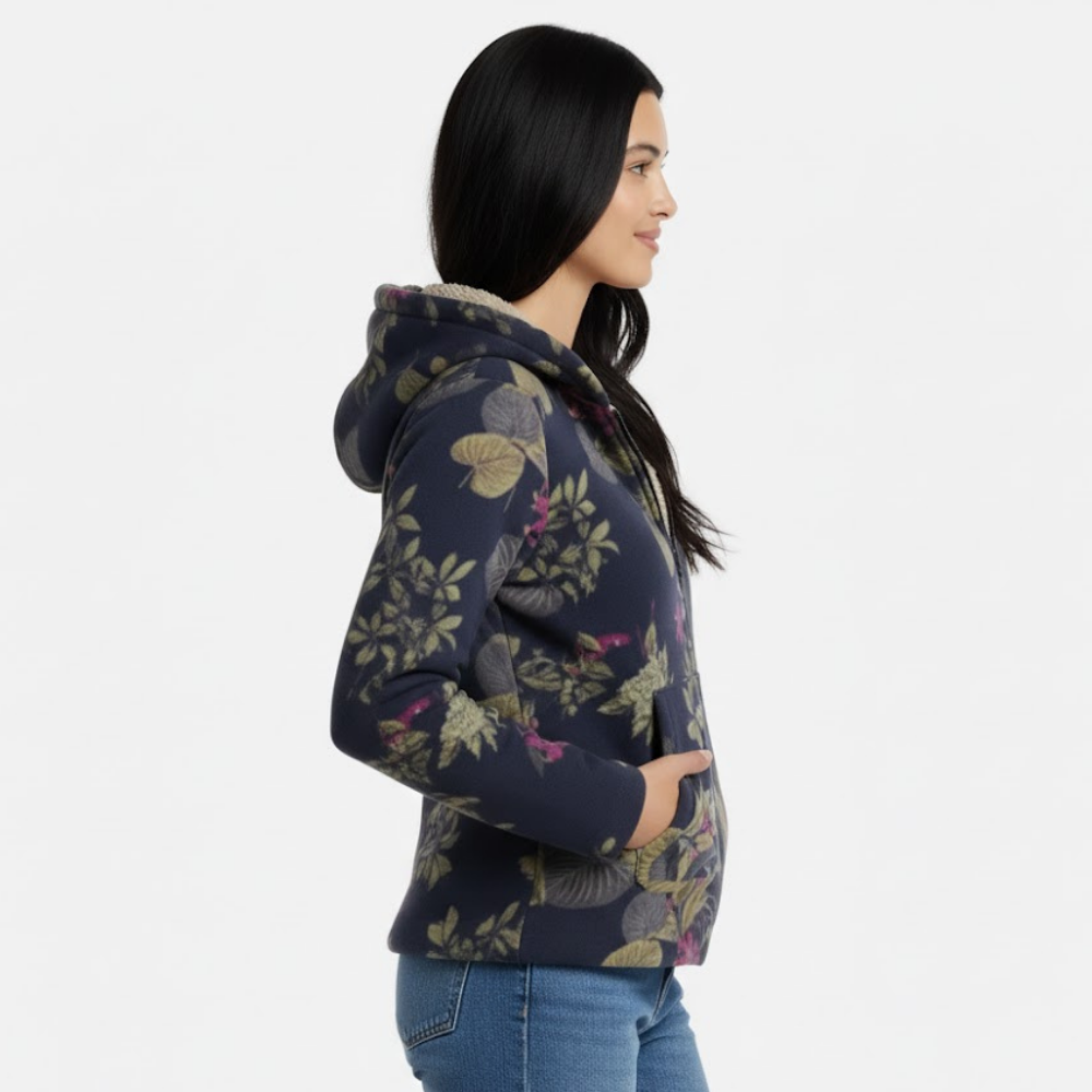 Damski płaszcz z kapturem i podszewką w kwiaty