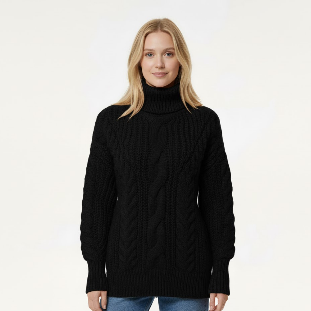 Damski sweter z golfem o splocie kablowym