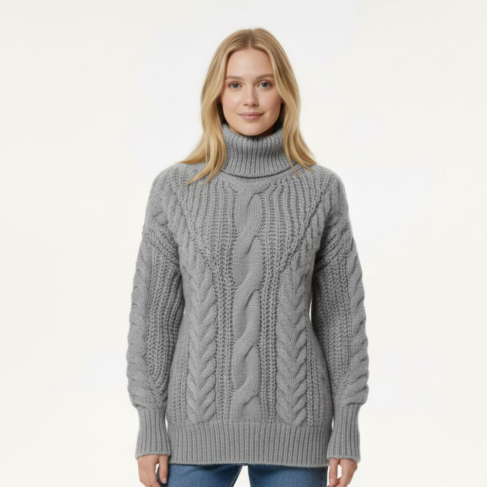 Damski sweter z golfem o splocie kablowym