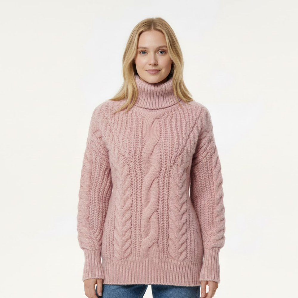 Damski sweter z golfem o splocie kablowym