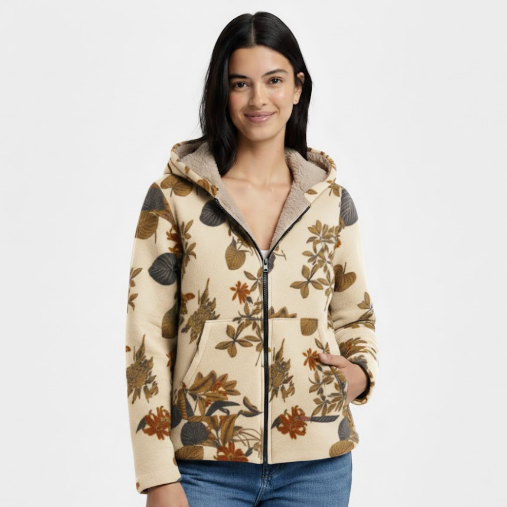 Damski płaszcz z kapturem i podszewką w kwiaty