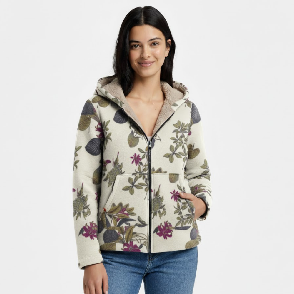 Damski płaszcz z kapturem i podszewką w kwiaty