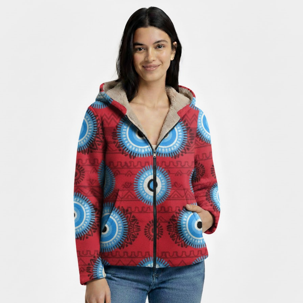 Damski płaszcz z kapturem i podszewką w kwiaty