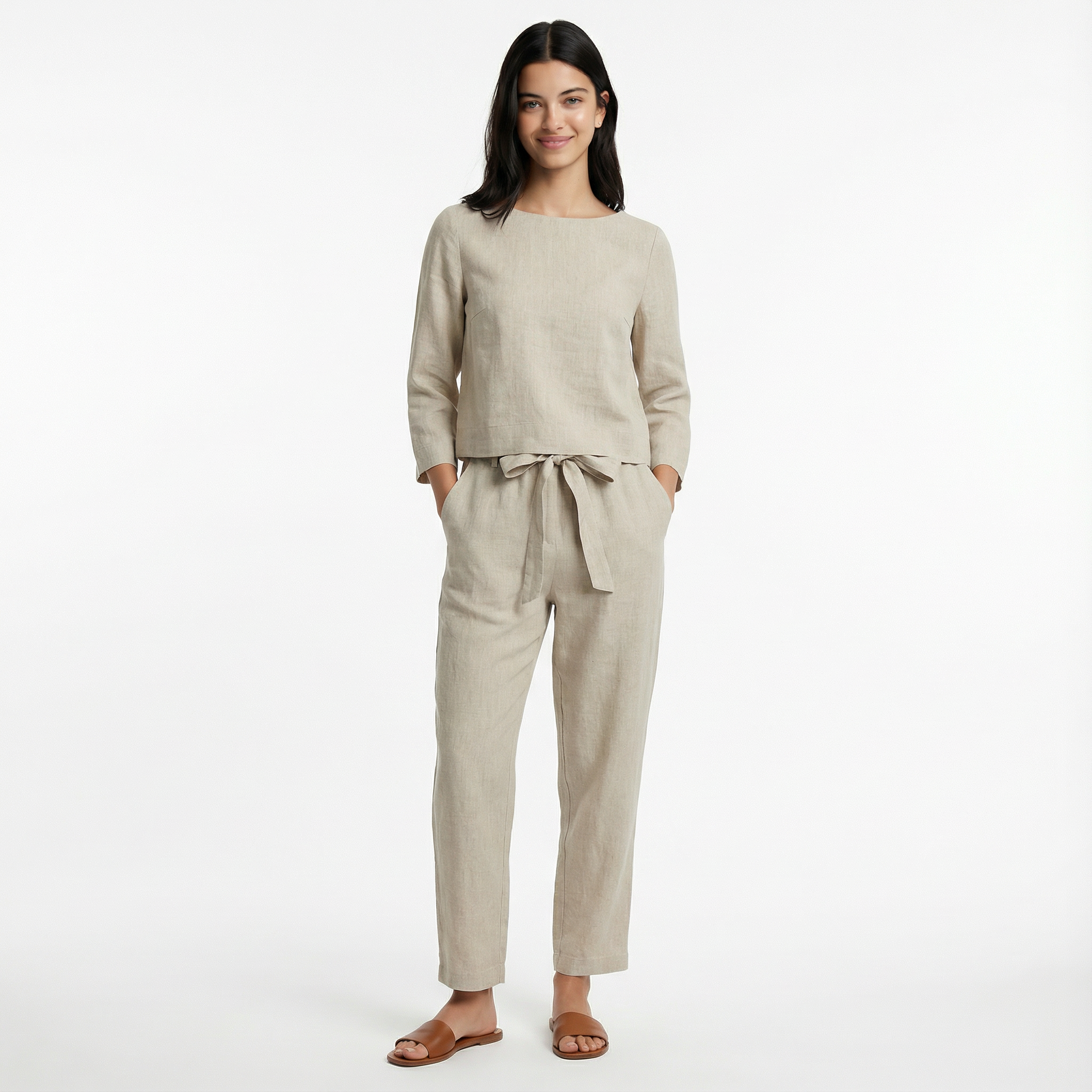 Komplet Lniany Dwuczęściowy Damski Luźny Wysoki Stan Wakacyjny Casual