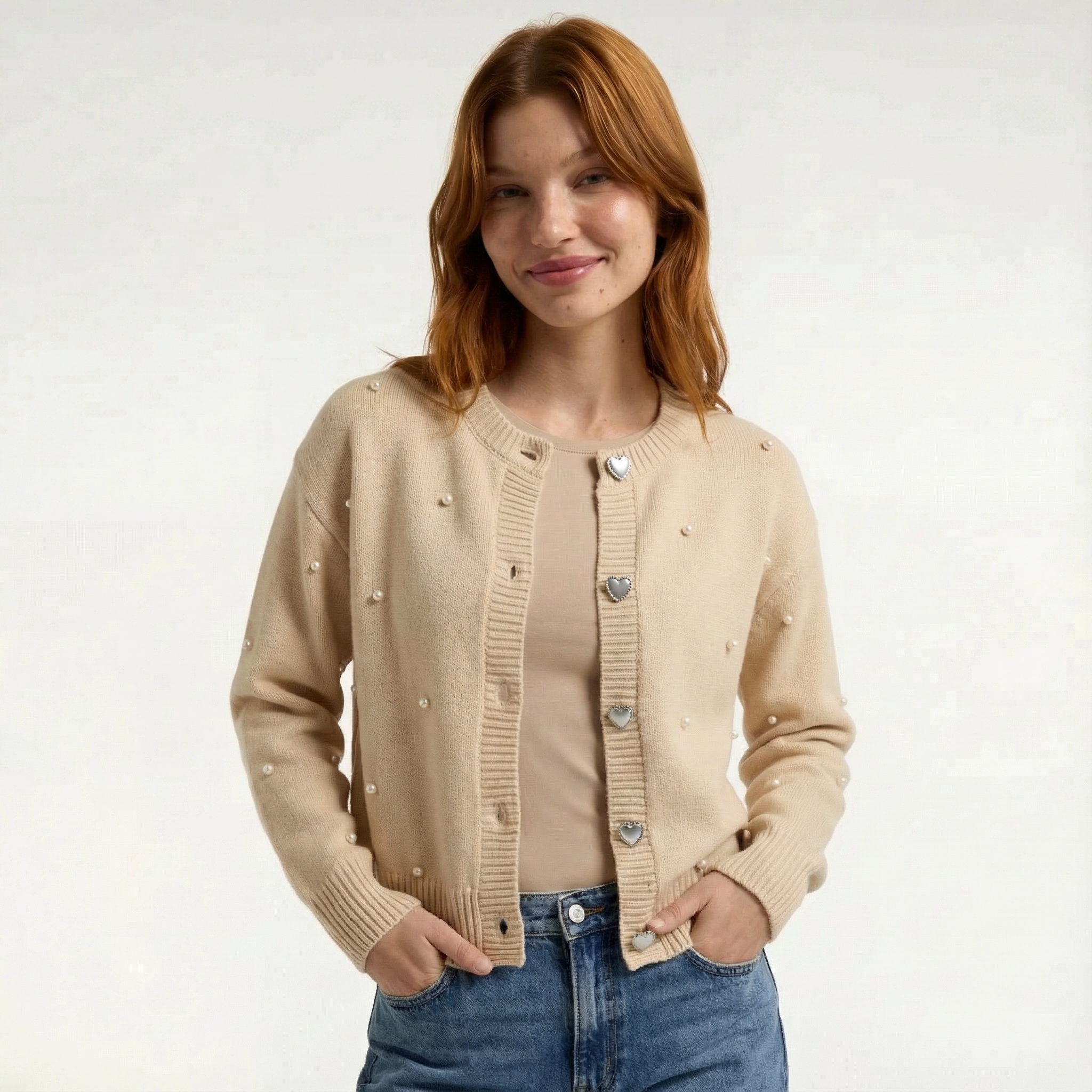 Kardigan Dzianinowy Damski Z Perłami Elegancki Sweter Rozpinany