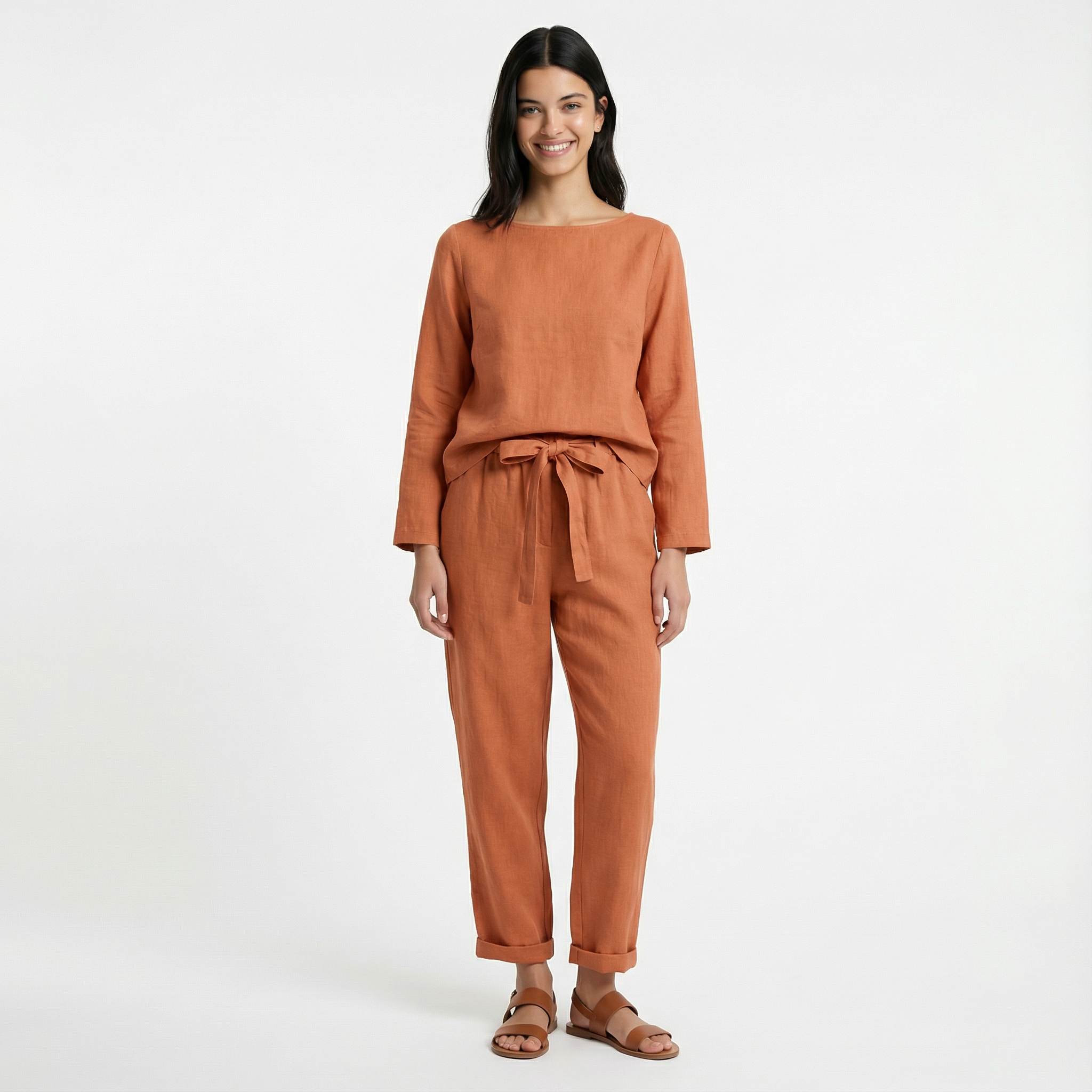 Komplet Lniany Dwuczęściowy Damski Luźny Wysoki Stan Wakacyjny Casual