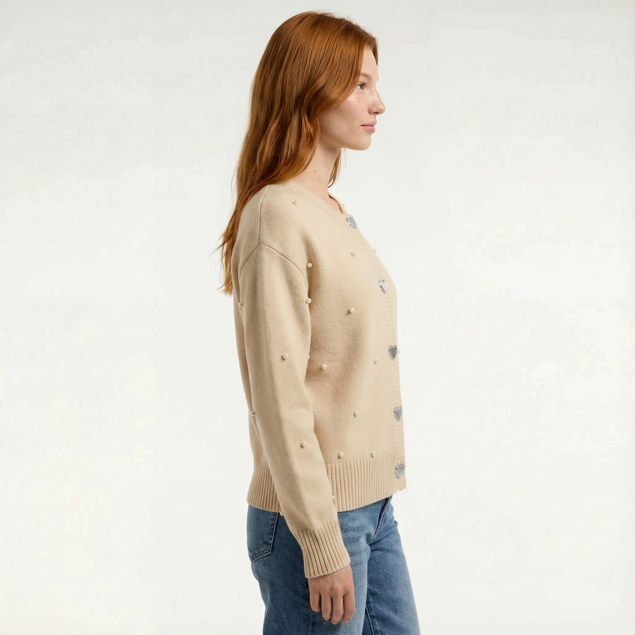 Kardigan Dzianinowy Damski Z Perłami Elegancki Sweter Rozpinany