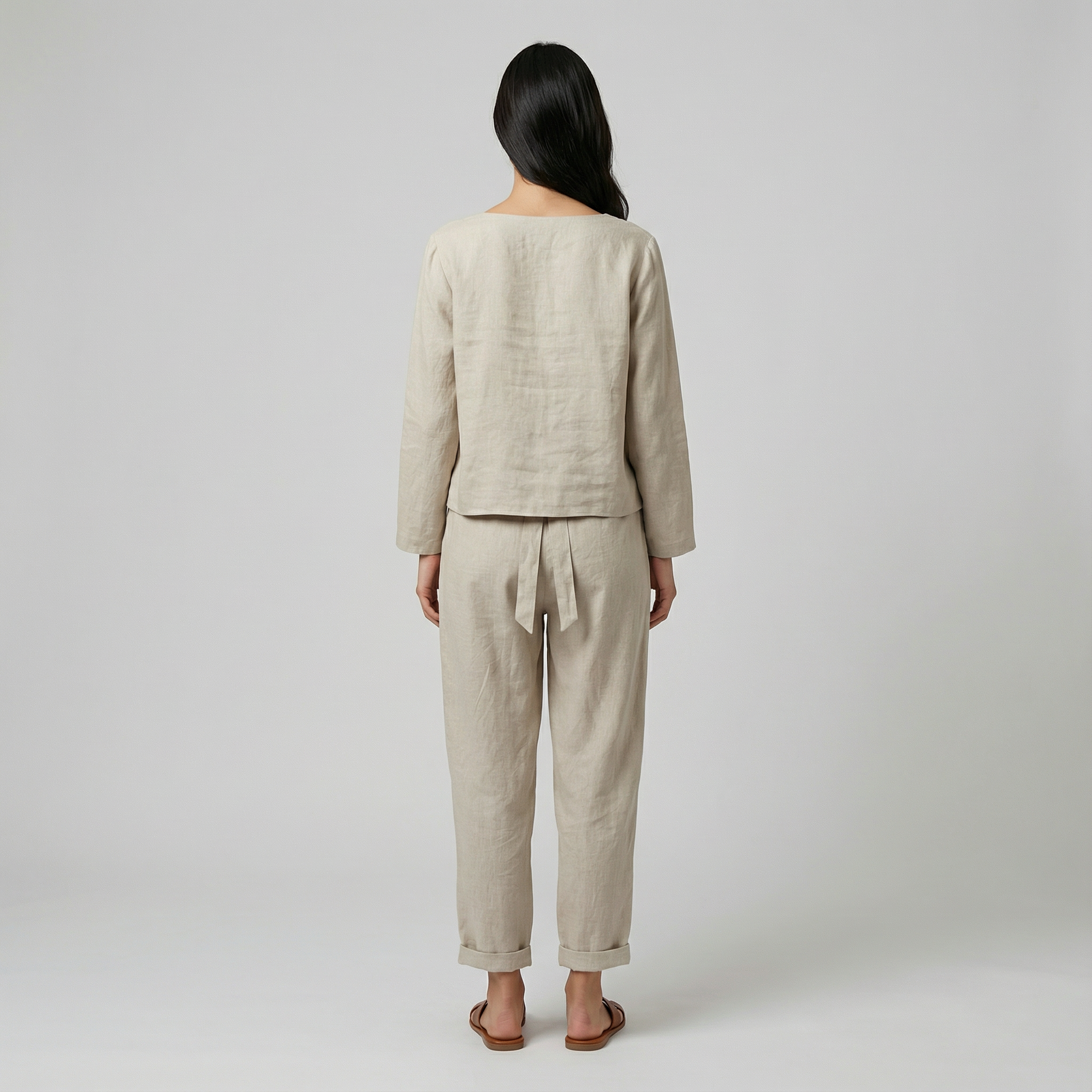 Komplet Lniany Dwuczęściowy Damski Luźny Wysoki Stan Wakacyjny Casual