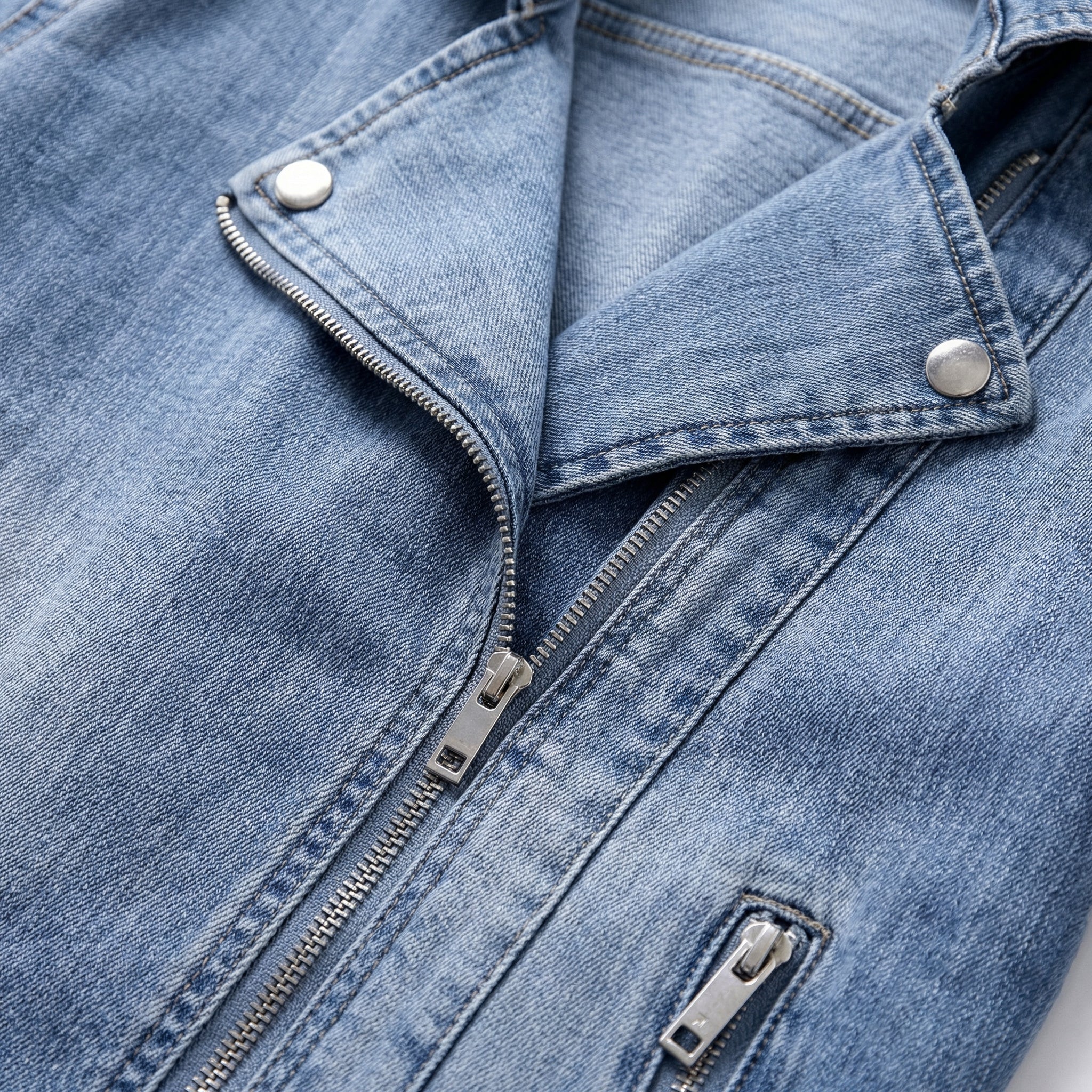 Damska Kurtka Jeansowa typu Ramoneska – Krótki Fason (Cropped), Asymetryczny Zamek, Pasek w Talii