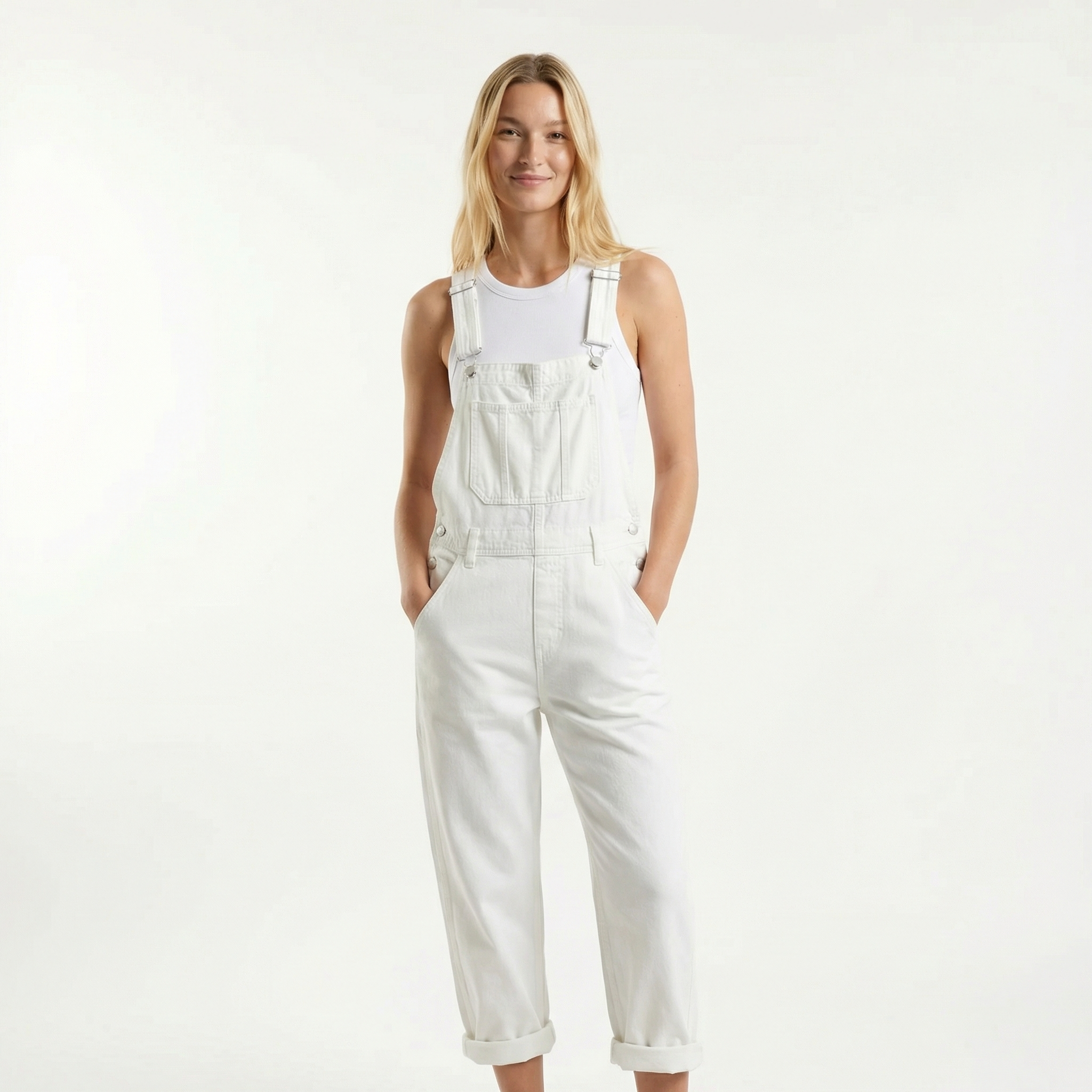 Damski Kombinezon Jeansowy typu Ogrodniczki – Swobodna Prosta Nogawka, Regulowane Szelki, Funkcjonalne Kieszenie