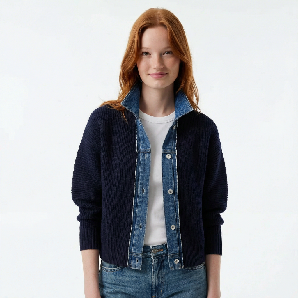 Granatowy Kardigan z Jeansowym Wykończeniem – Prążkowany Materiał, Dopasowany Krój, Usztywniana Plisa