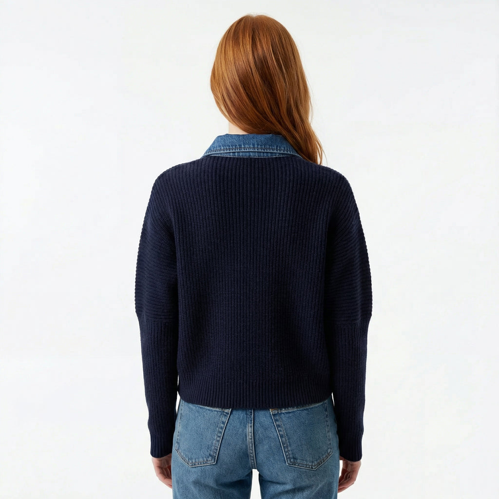 Granatowy Kardigan z Jeansowym Wykończeniem – Prążkowany Materiał, Dopasowany Krój, Usztywniana Plisa