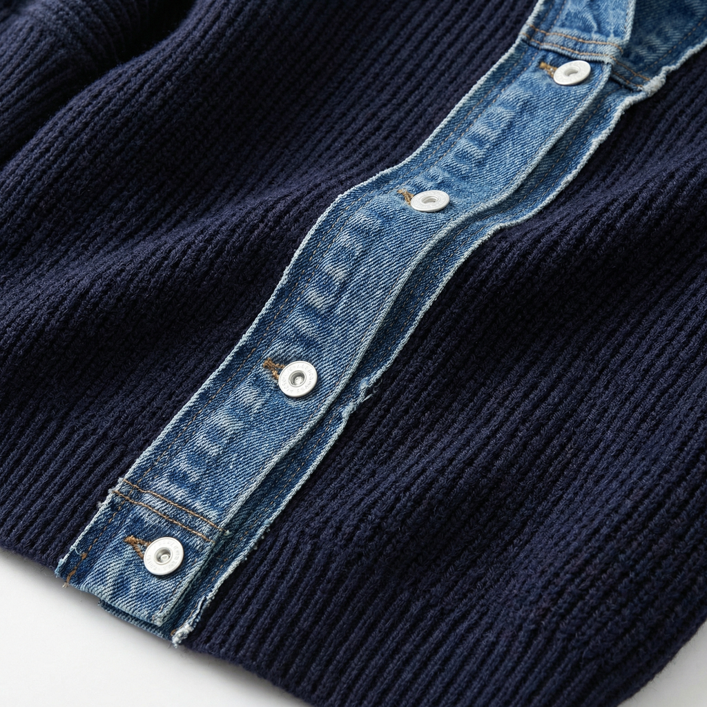 Granatowy Kardigan z Jeansowym Wykończeniem – Prążkowany Materiał, Dopasowany Krój, Usztywniana Plisa