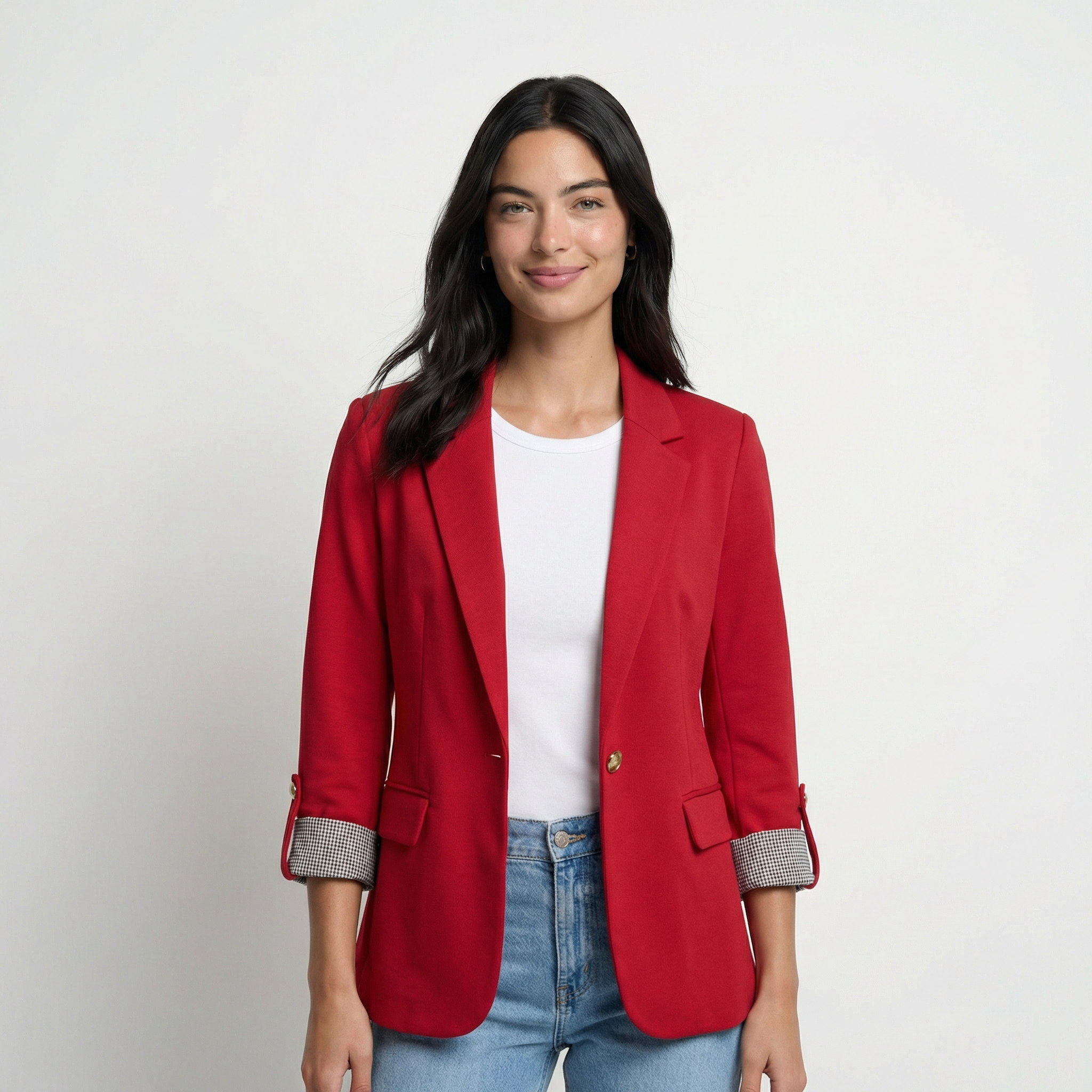 Damska Marynarka Taliowana – Podwijane Rękawy z Podszewką w Paski, Usztywniane Klapy, Zapięcie na Jeden Guzik