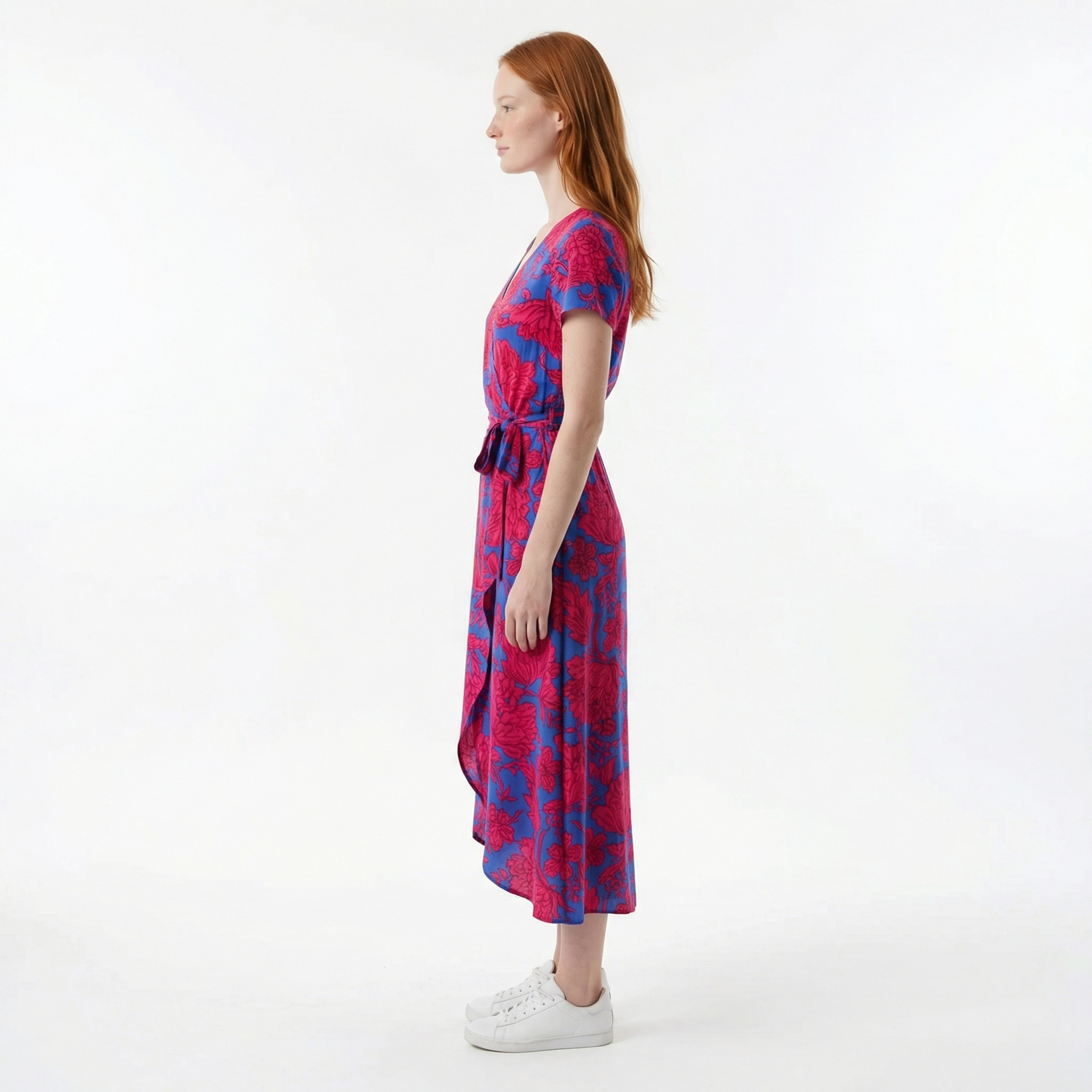 Damska Sukienka Maxi o Kroju Kopertowym – Krótki Rękaw, Dekolt V, Wiązanie w Talii z Rozcięciem z Przodu