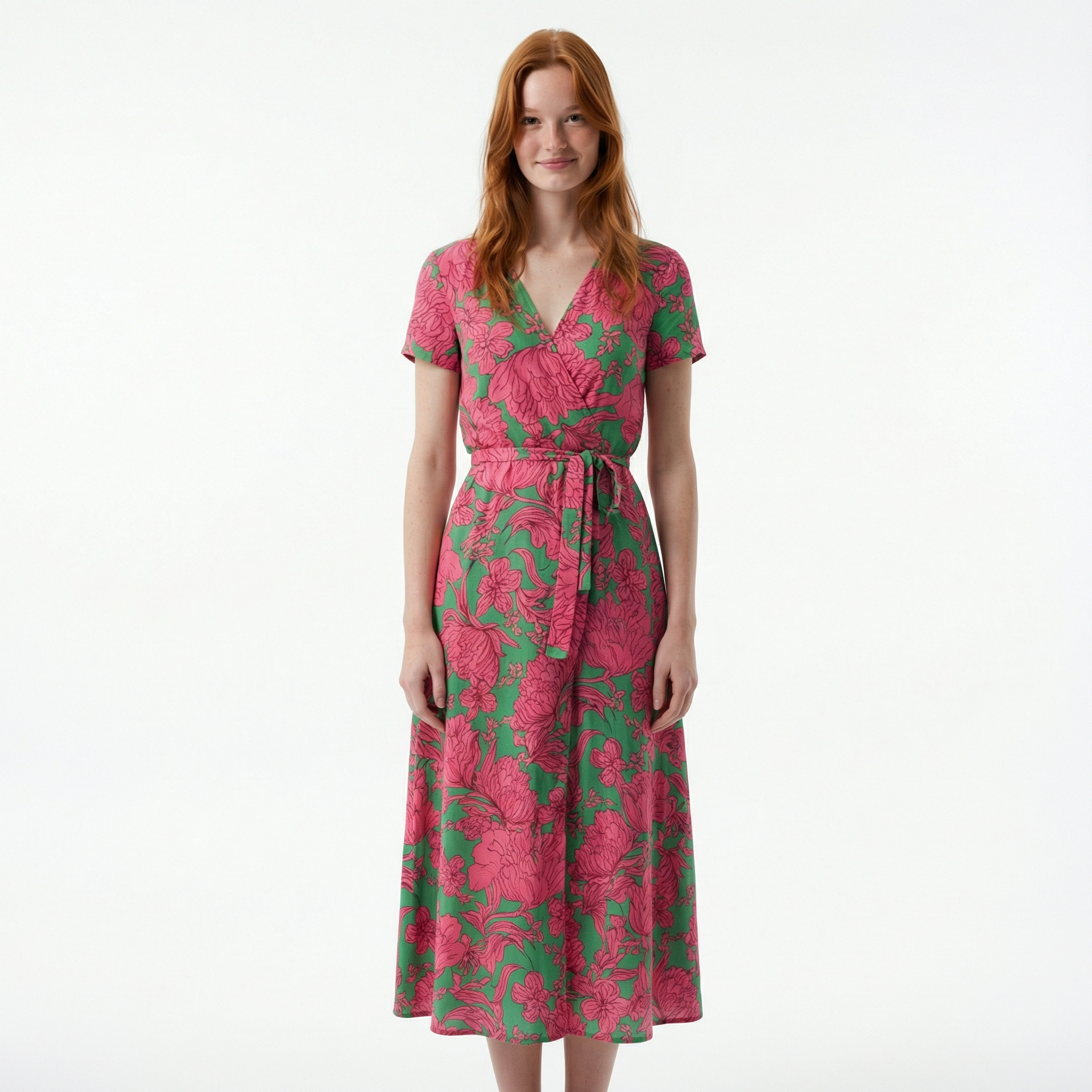 Damska Sukienka Maxi o Kroju Kopertowym – Krótki Rękaw, Dekolt V, Wiązanie w Talii z Rozcięciem z Przodu