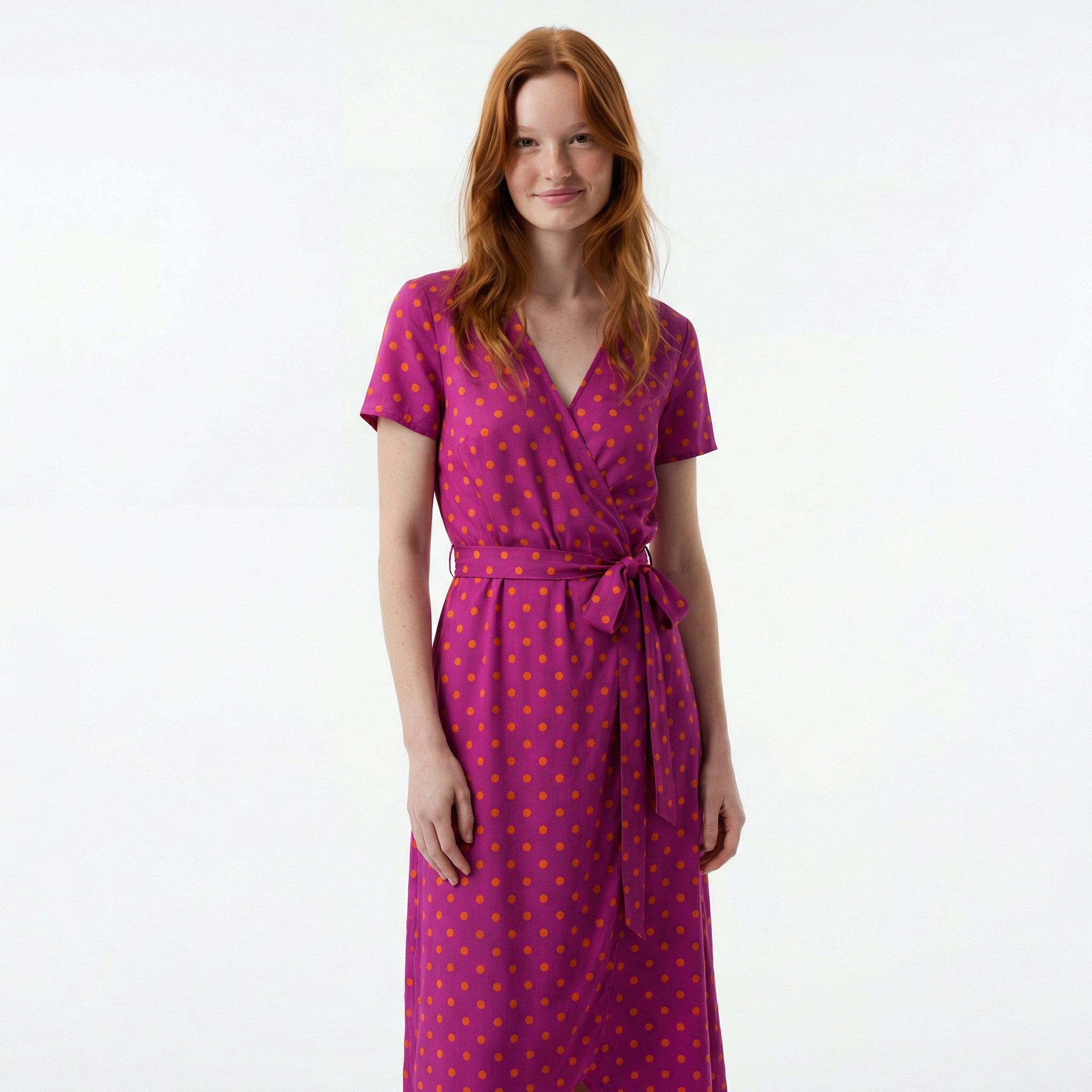 Damska Sukienka Maxi o Kroju Kopertowym – Krótki Rękaw, Dekolt V, Wiązanie w Talii z Rozcięciem z Przodu