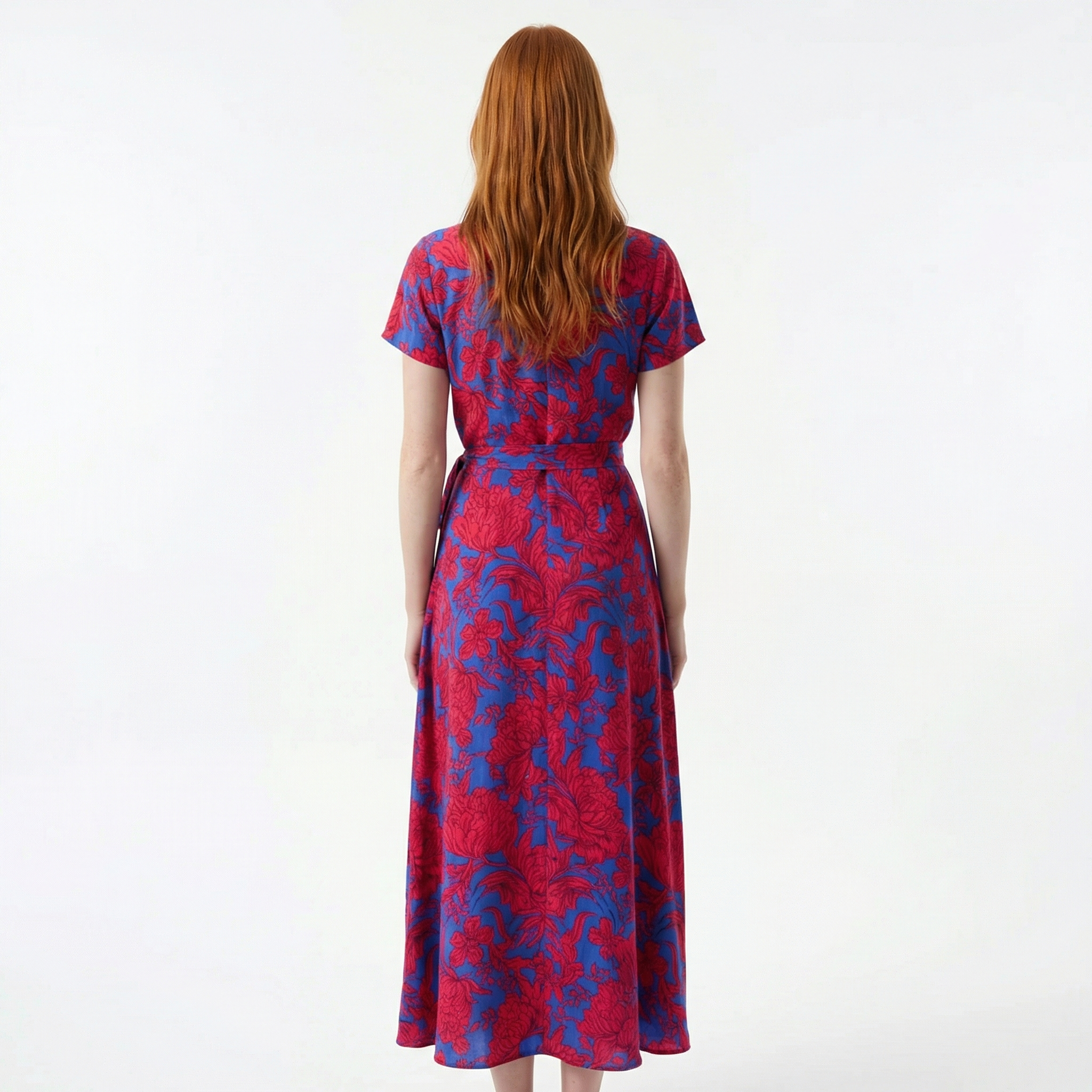 Damska Sukienka Maxi o Kroju Kopertowym – Krótki Rękaw, Dekolt V, Wiązanie w Talii z Rozcięciem z Przodu